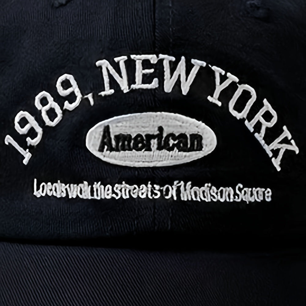 Polyester baseball cap with embroidered 1989 NY lettering. Hand wash only. Lightweight and non-stretch. Suitable for spring or autumn casual wear in a hip-hop style. Unisex design fits all