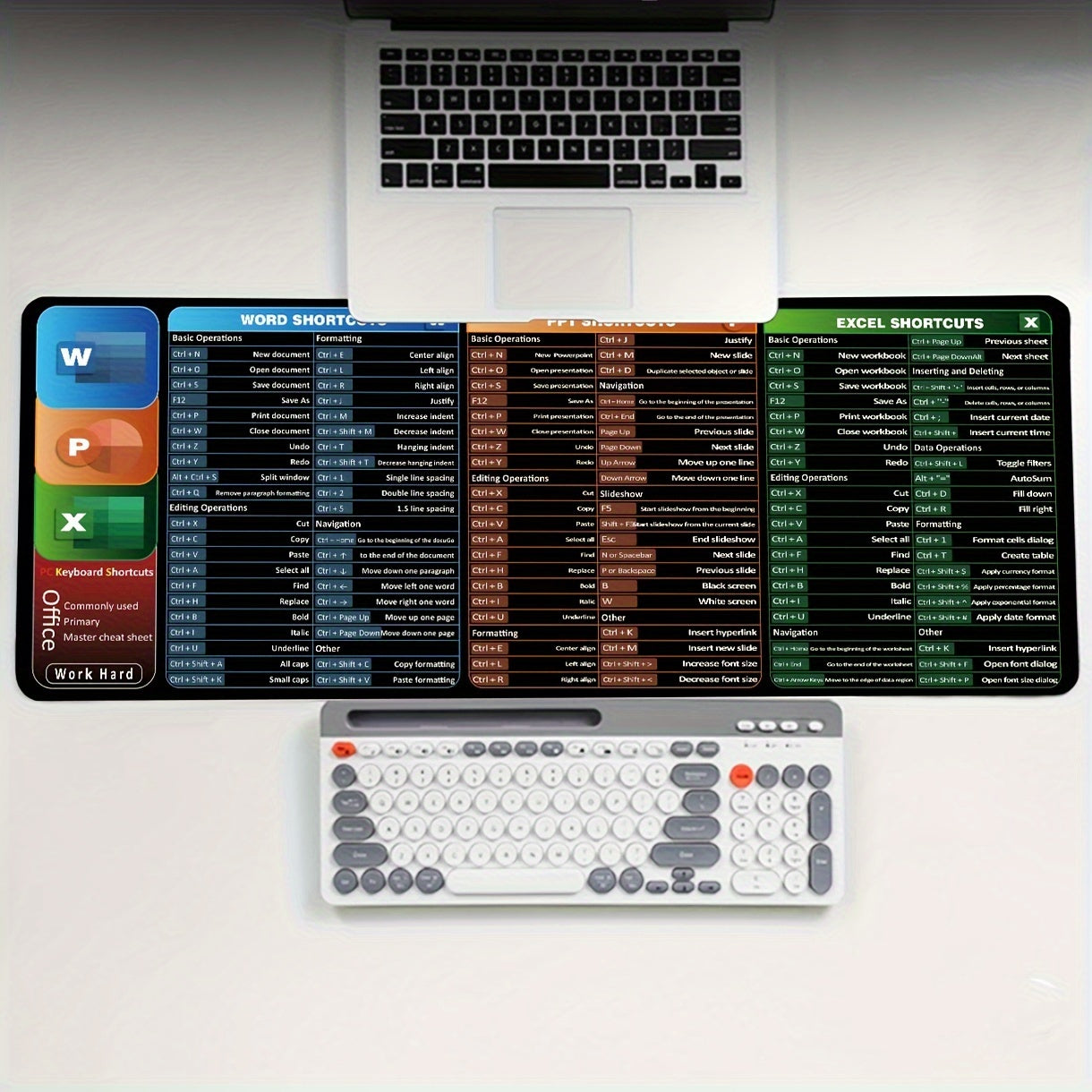 Large mouse pad with printed shortcuts for Word, PPT, Excel. Non-slip, washable, ideal for home, office, gaming. Great gift for partner.