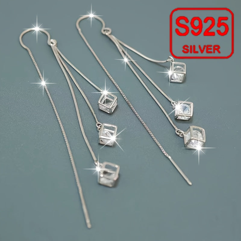 A pair of women's fashion draped earrings with long tassel and curved hook square ear line design, perfect for a summer seaside wedding. Made of hypoallergenic 925 silver, weighing 3.2g, these earrings are a great gift for daily wear, weddings, banquets