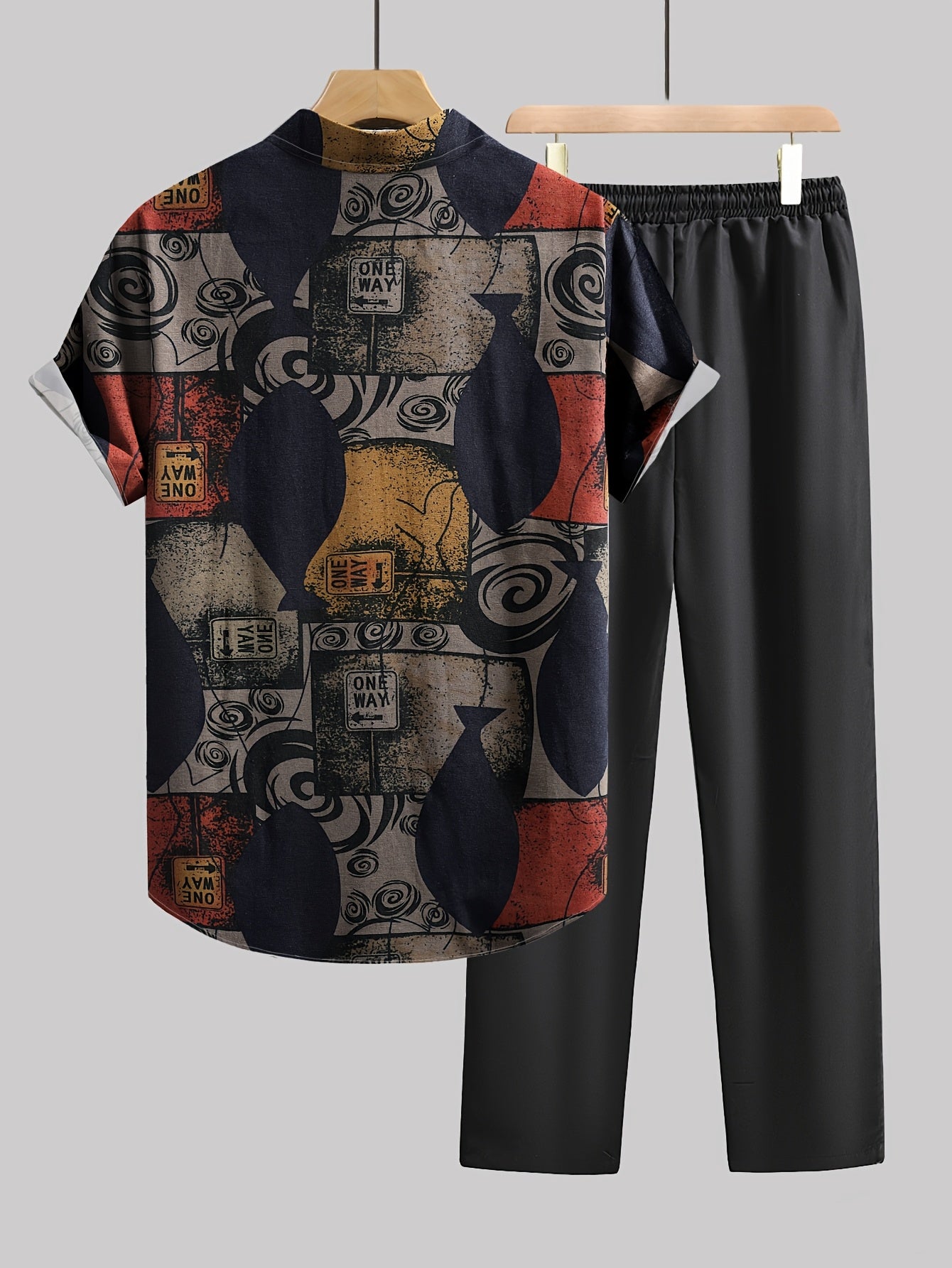 Men's casual geometric print shirt and pants set made of lightweight, non-stretch polyester. Features "ONE WAY" design, perfect for summer.