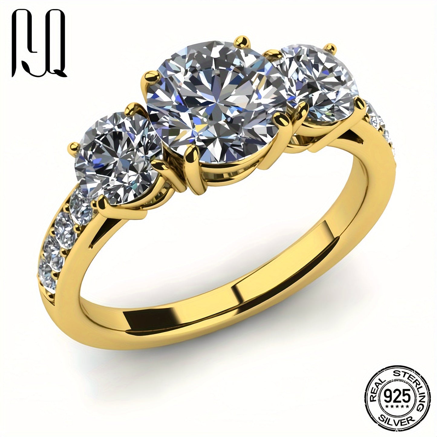 Elegantly designed, this stunning 3-stone Moissanite engagement ring is crafted from 925 Sterling Silver and is 18K Golden Plated. The centerpiece features a dazzling 3.6 Carat D-Color Round-Cut Moissanite, complemented by 0.24 Carat Side Stones. This