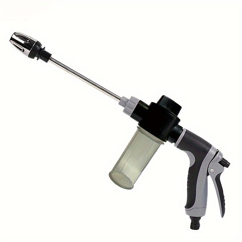 High-pressure foam sprayer gun with an extended wand, suitable for a variety of uses such as car wash, watering plants, and household cleaning. This manual operation tool does not require electricity. Great for all your cleaning needs without the hassle