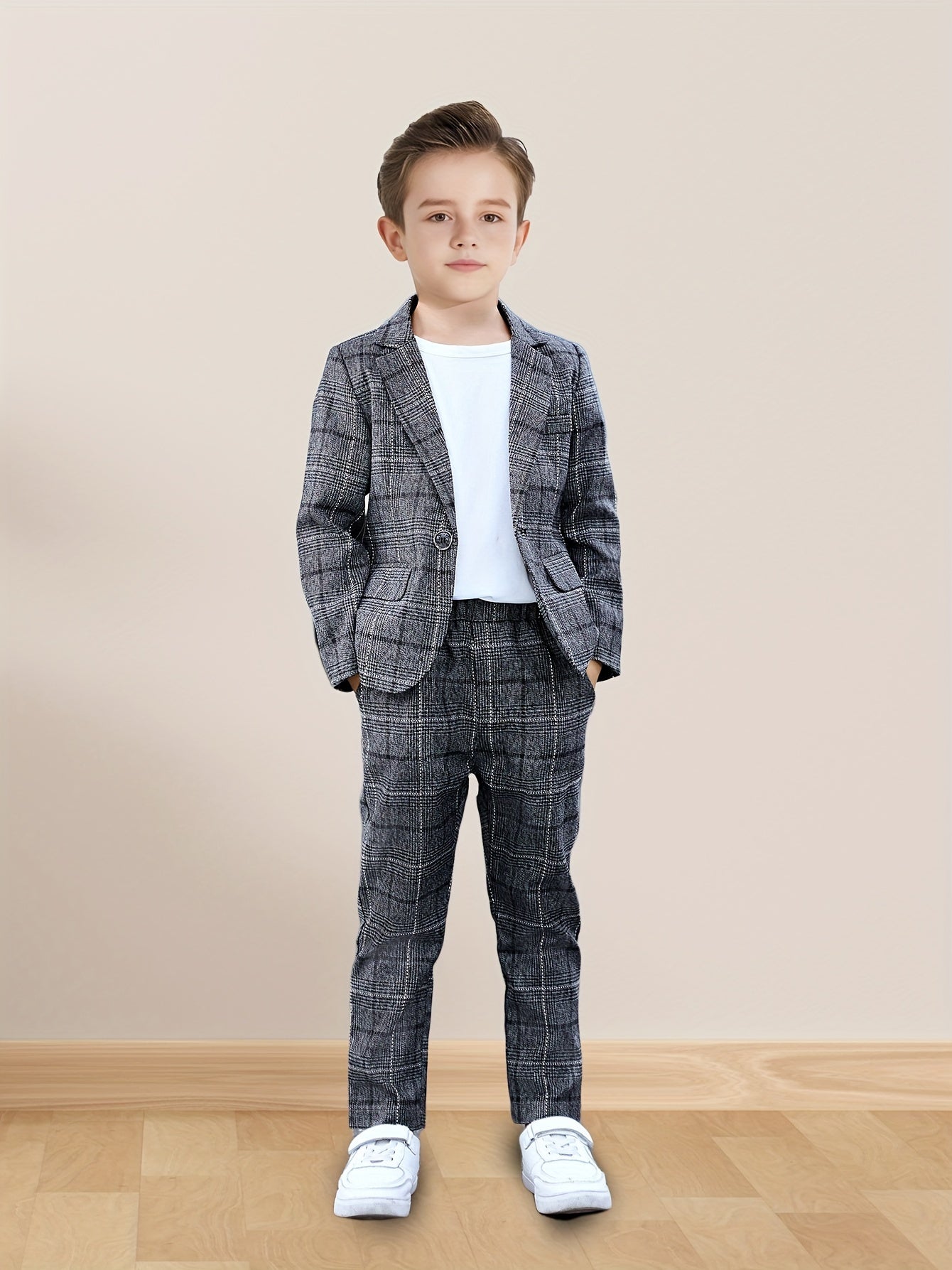 Boys Plaid Suit Set for Spring/Fall occasions, Korean Style, Polyester Blend, Over 3 Years Old.