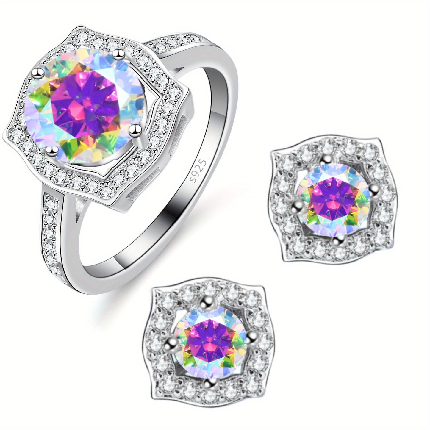 3-piece set of high-quality jewelry from Gems Lady, featuring a 2-carat Moissanite ring and two 1-carat Moissanite ear studs. Made of hypoallergenic S925 sterling silver, this set comes in a gift box and is perfect for weddings, parties, and as a stylish