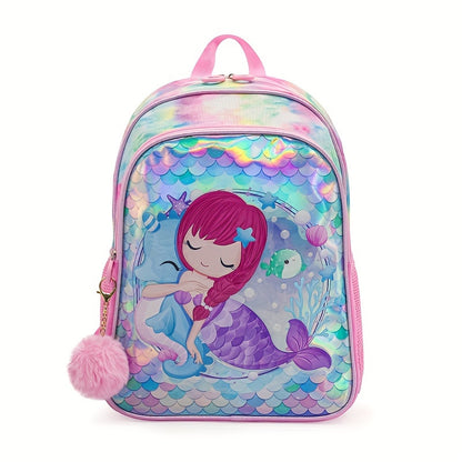 New 3-piece mermaid-themed student bag set includes a crossbody lunch bag, pen bag, and large capacity backpack suitable for school, travel, or outings. The backpack is lightweight and 16 inches in size.