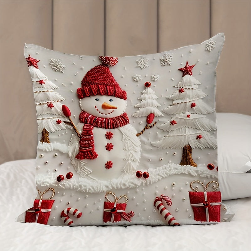 Double-sided Christmas snowman and tree design throw pillow cover made from modern polyester. Features zipper closure, machine washable fabric, and number print. Perfect for adding holiday charm to any room.