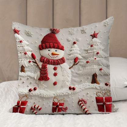 Double-sided Christmas snowman and tree design throw pillow cover made from modern polyester. Features zipper closure, machine washable fabric, and number print. Perfect for adding holiday charm to any room.