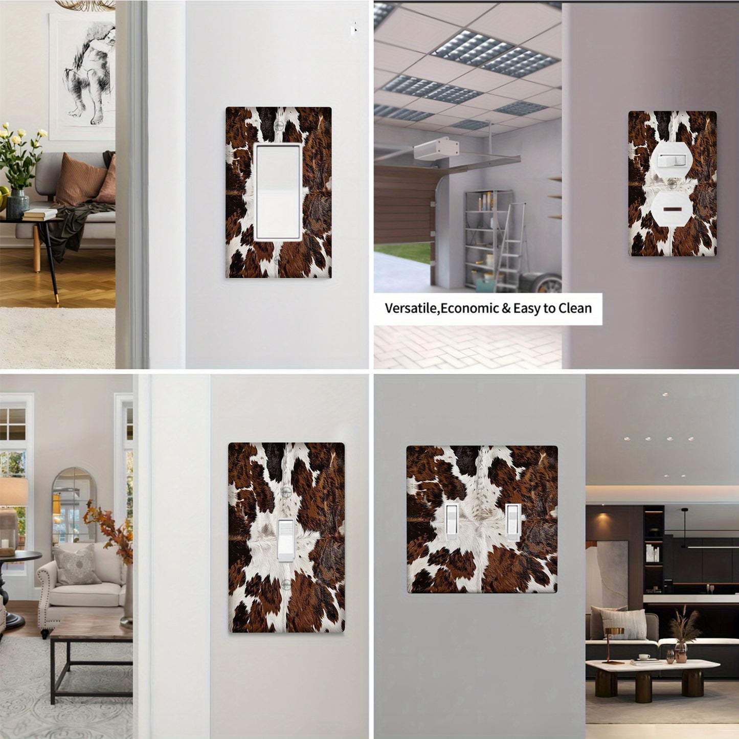 Cowhide pattern wall plate for indoor/outdoor use, fits 1-2 sockets in bedroom, kitchen, or bathroom.