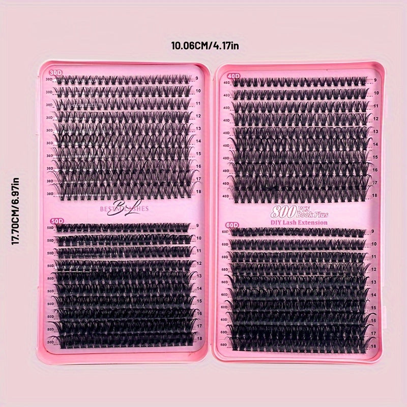 DIY eyelash cluster set with 800/200pcs of 30D-60D single eyelashes in mixed 9-16mm lengths for a super thick, D curl effect at home, creating a light cartoon eyelash look.