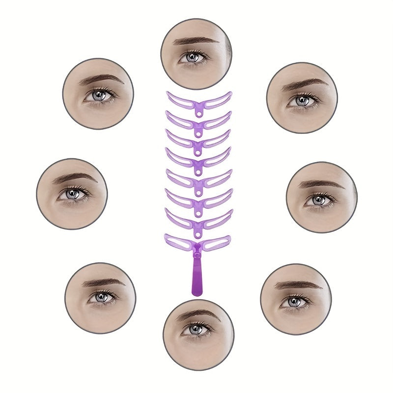 8-piece eyebrow stencil set with hypoallergenic silicone brushes and ABS plastic handles, suitable for all skin types.