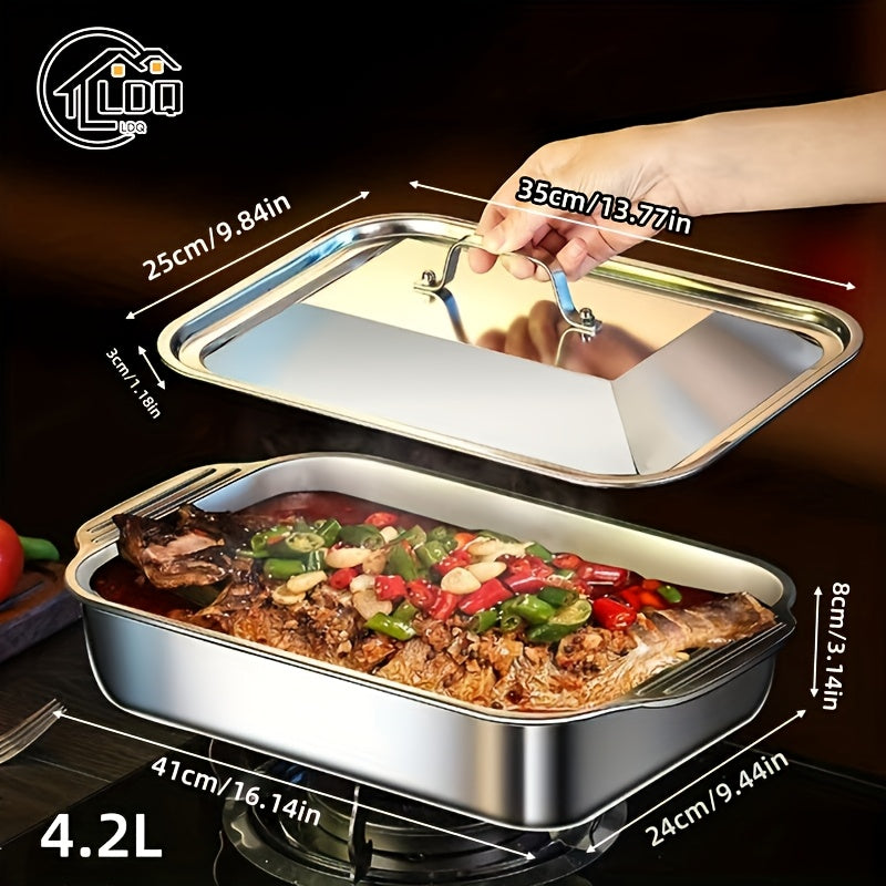 Large heavy-duty stainless steel baking pan with lid for desserts, bread, and seafood - ideal for BBQs, buffets, and holidays.