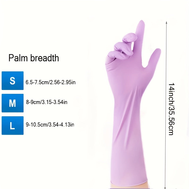 A package of 20 nitrile cleaning gloves with 14-inch long sleeves, waterproof, extra thick, highly elastic, ambidextrous, powder-free. Ideal for use in the kitchen, bathroom, outdoor, pet supplies, offering antibacterial protection for spot-cleaning.