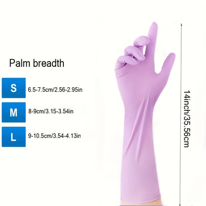 A package of 20 nitrile cleaning gloves with 14-inch long sleeves, waterproof, extra thick, highly elastic, ambidextrous, powder-free. Ideal for use in the kitchen, bathroom, outdoor, pet supplies, offering antibacterial protection for spot-cleaning.