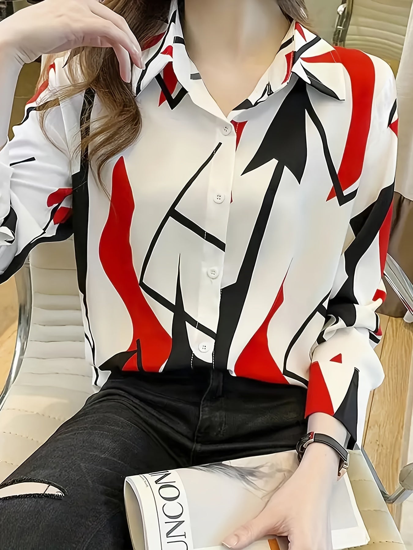 Color Block Button Front Shirt, Long Sleeve Lapel Collar Shirt for Spring & Fall.