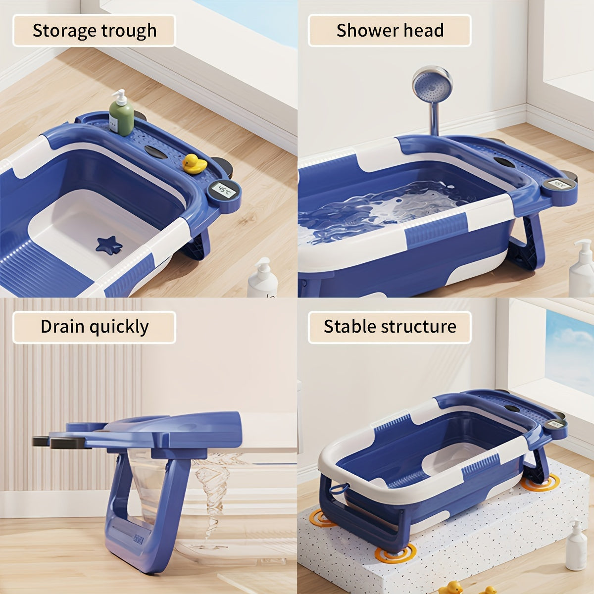 1-Piece Home Bath Basin Set with Foldable Bathtub and Temperature-Sensitive Bath Mat, Convenient and Portable for Compact Storage