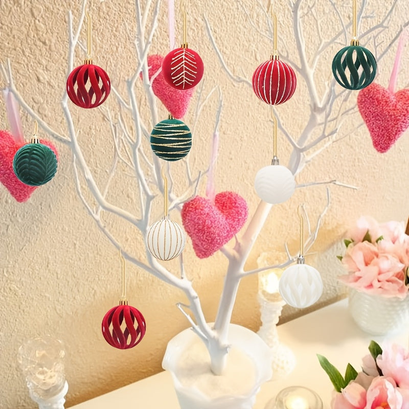 Valentine's Day plush ball ornaments in red, white, and green for decorations and parties.