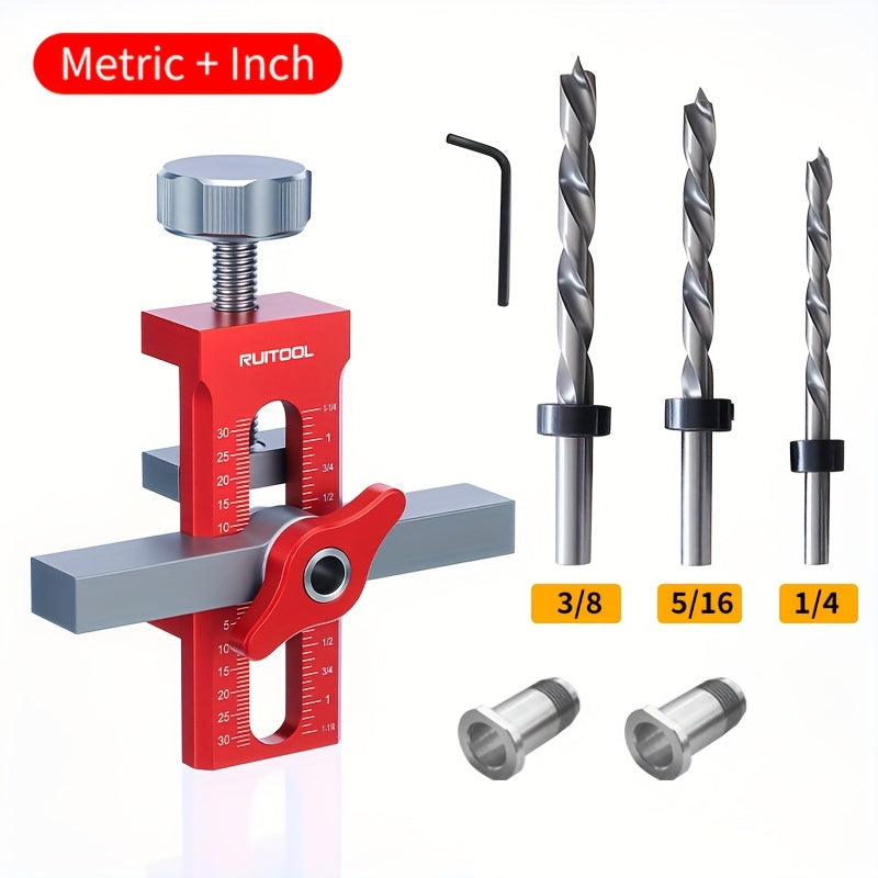 RUITOOL 2 In 1 Cabinet Door Installation Positioner made of rust-resistant aluminum alloy with non-slip design. Includes drill bits and has a clamping range of 7-40mm. Ideal for cabinet