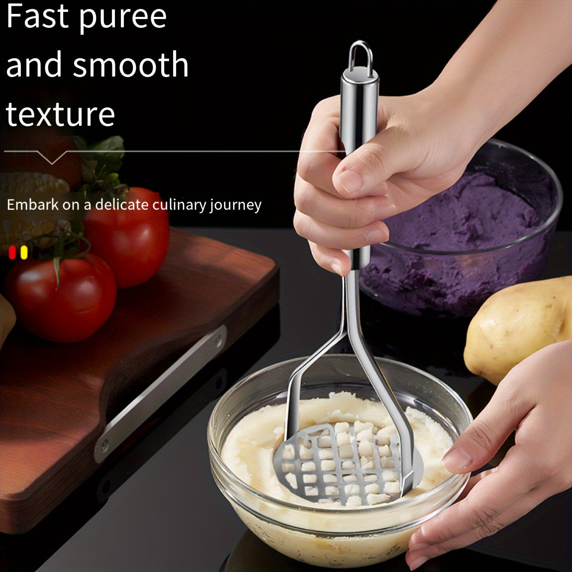 The Stainless Steel Potato Masher is a durable manual press that makes perfect mashed potatoes. This ideal kitchen gadget is great for youngsters' food and more, perfect for home use.