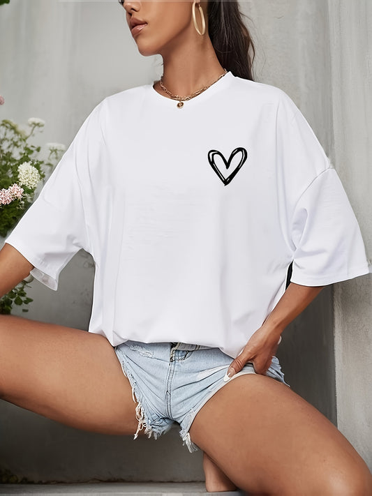 Casual loose-fit drop shoulder t-shirt for women with chic heart print. Made of soft polyester, short sleeve, and round neck. Machine washable and perfect for everyday style.