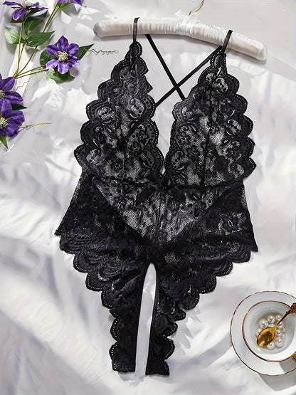 Sexy lace bow teddy with open crotch and strappy backless design, perfect for women's lingerie.