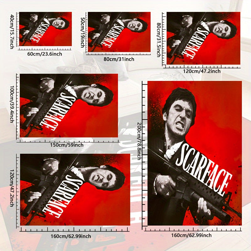 Add a touch of 'Scarface' style with this non-slip mat featuring a red background. Easy to clean and waterproof, available in multiple sizes for use in living rooms, bedrooms, entryways, outdoor patios, and gardens.