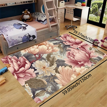 Elegant, plush floral area rug measuring 8mm in thickness. Ideal for use in the living room, bedroom, kitchen, and bathroom. Made of soft and machine washable polyester material, perfect for adding a touch of luxury to any space.