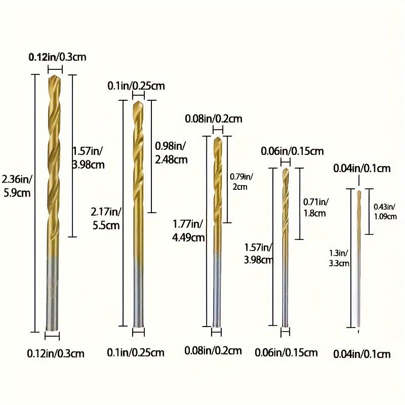 Titanium coated hex shank drill bit set includes 13, 50, or 99 pieces. Made of high-speed steel, suitable for drilling steel, aluminum, and copper. Sizes range from 1/16 inch to 1/2 inch.