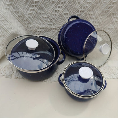 This set includes three mini enamel pots in sizes of 12cm, 14cm, and 16cm, perfect for home use in the kitchen. They are suitable for gas and electric stoves, making them versatile for any cooking needs. This set makes a great holiday gift and is perfect