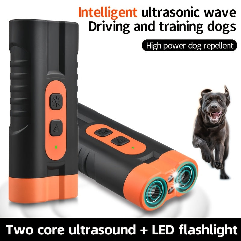 Dual-head ultrasonic dog repeller with powerful heads for long-distance training, designed to stop barking and scare away dogs and cats for personal safety.