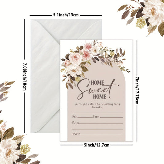 Celebrate Your New Home with 25 'Home Sweet Home' Floral Housewarming Invitations, Complete with White Envelopes. Featuring a Delicate Watercolor Botanical Design, these 12.7x17.78cm Invitations are Ideal for Open Houses, New Home Celebrations, and