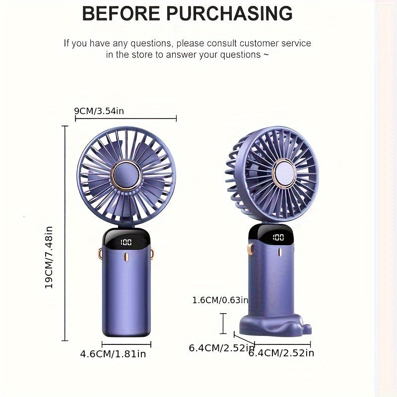 Small Portable Fan with USB Rechargeable Battery, 5 Speed Settings, Foldable Design, LED Display, Ideal for Bedroom, Travel, Camping, and School.