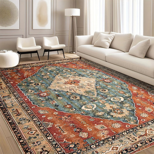 Machine washable vintage Persian-inspired red area mat made of lightweight flat-woven polyester. This stain-resistant indoor rectangle mat is perfect for the bedroom, living room, or entryway. A stylish addition to your home decor, this rug is perfect