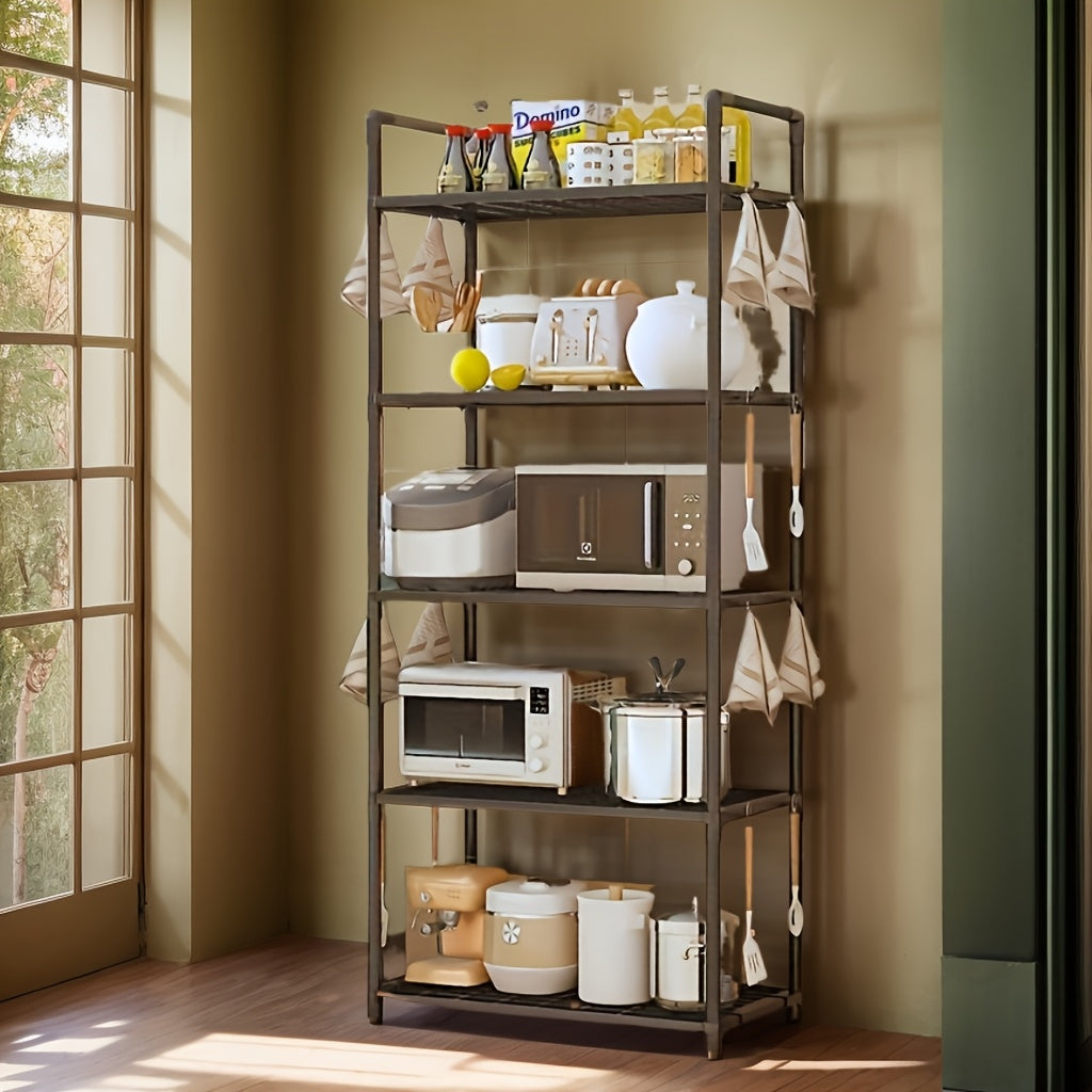 Multi-tier storage organizer rack with 1 piece construction - features 4 or 5 layers of plastic bracket shelves with a matte finish. Perfect for floor mounting in various spaces such as the kitchen, bathroom, or bedroom. Simple assembly, durable