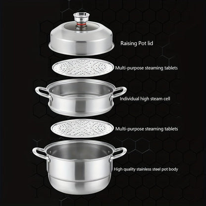 The 5-Piece Stainless Steel Multipot Set with Timer is a complete set that includes 1 Soup Pot, 1 Steamer Basket, 2 Steamer Inserts, and Lid. With its versatile steaming and cooking capabilities, programmable smart timer, and hands-free operation, this