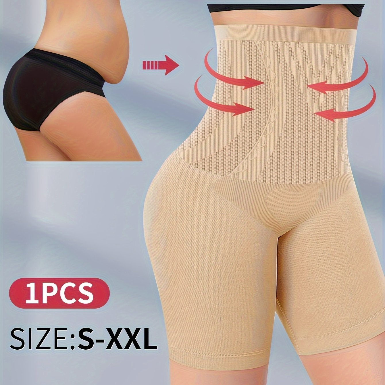 High-waist shapewear panties for women with tummy control, seamless design, butt lifting, nylon blend, hand washable.