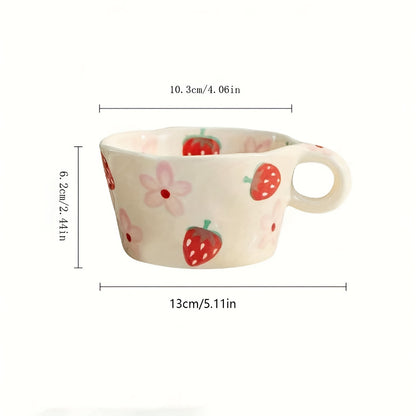 Unique hand-painted ceramic mug with a charming strawberry and floral design, perfect for coffee or tea. Ideal Valentine's Day gift, reusable and high-quality, featuring an irregular art style.