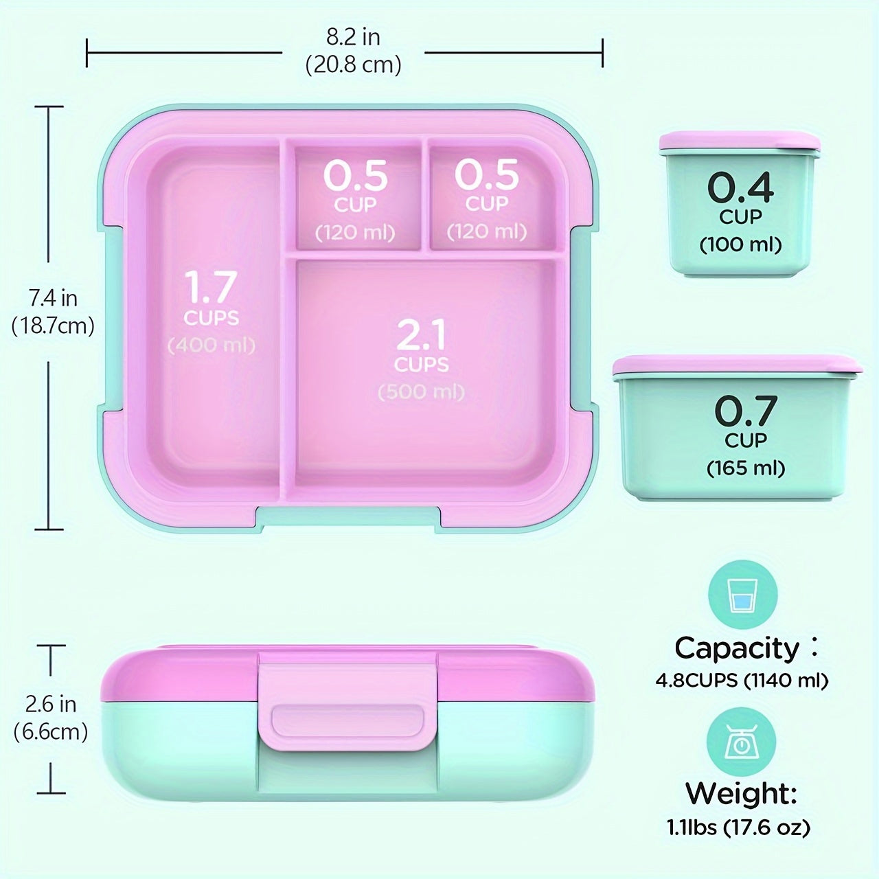 Caperci Large 4.8 Cup Bento Box in Pink - A Popular Choice for Leak-Proof Lunches on-the-Go! Features 4 Compartments, Dual Modular Containers, Portable Handle, Microwave/Dishwasher Safe, BPA-Free - Perfect for School, Work, Camping & Picnics