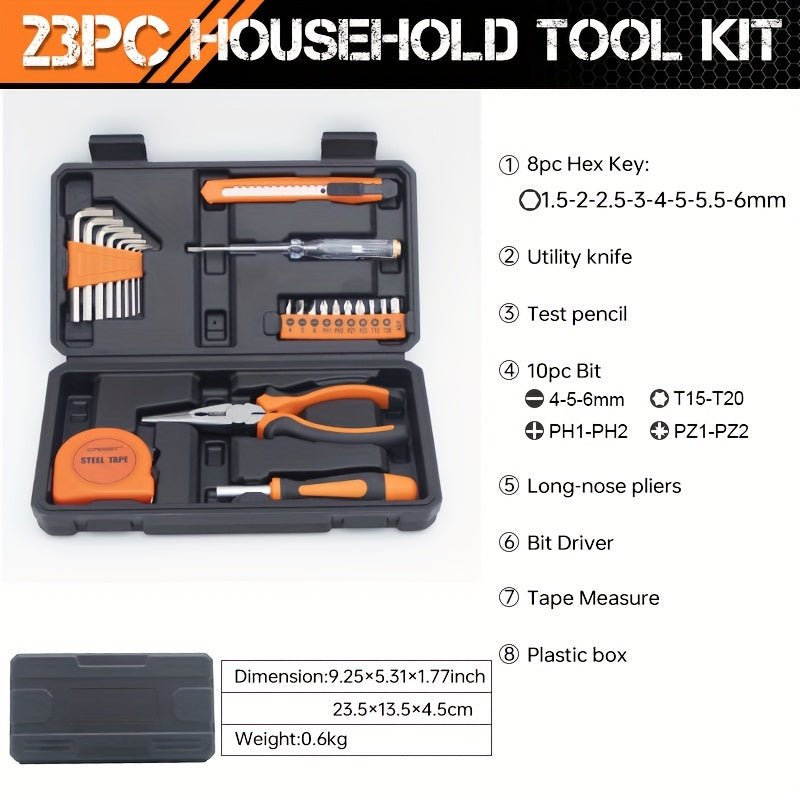 Universal 23pc Home Tool Kit with Carbon Steel Hand Tools in Plastic Case - Ideal for Household, Car, and Office Repairs - Ready to Use, No Batteries Needed.