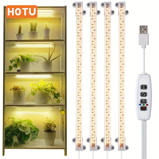 HOTU 124 plant grow lights are adjustable and USB powered, with automatic timer (3/9/12H) and dimmable settings for greenhouses and seedlings. Adapter not included.