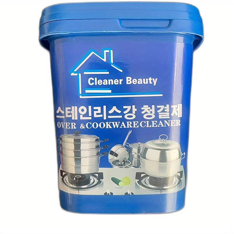 Powerful cleaning paste for stainless steel pots, removes stains and rust effectively. Ideal for cleaning kitchen and dishes.