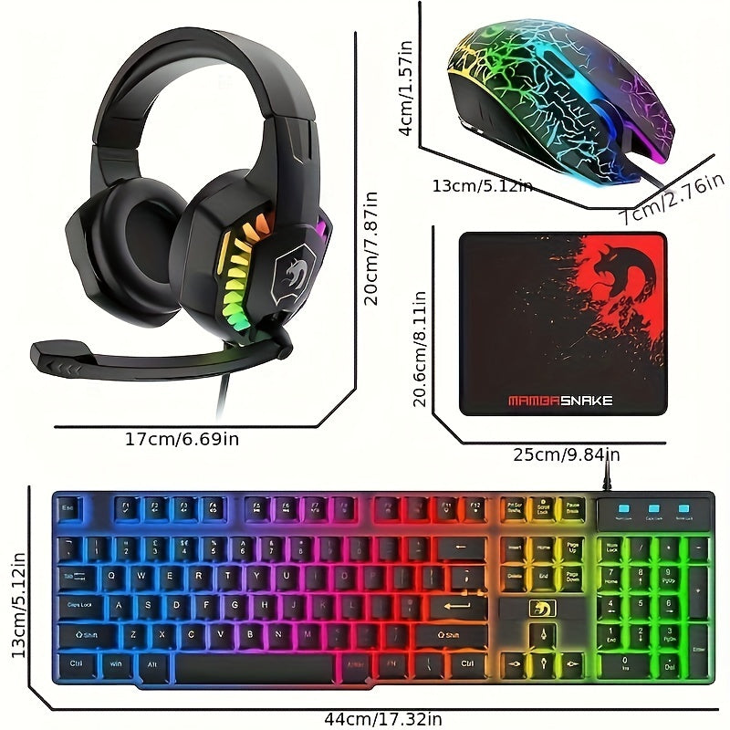 4-in-1 Gaming Bundle with Rainbow LED Backlit Keyboard, Mouse, Mousepad, and Headset - Includes 104 Keys, Multimedia Controls, 2400 DPI Mouse, Over-Ear Headphones with Mic, Non-Slip Mouse