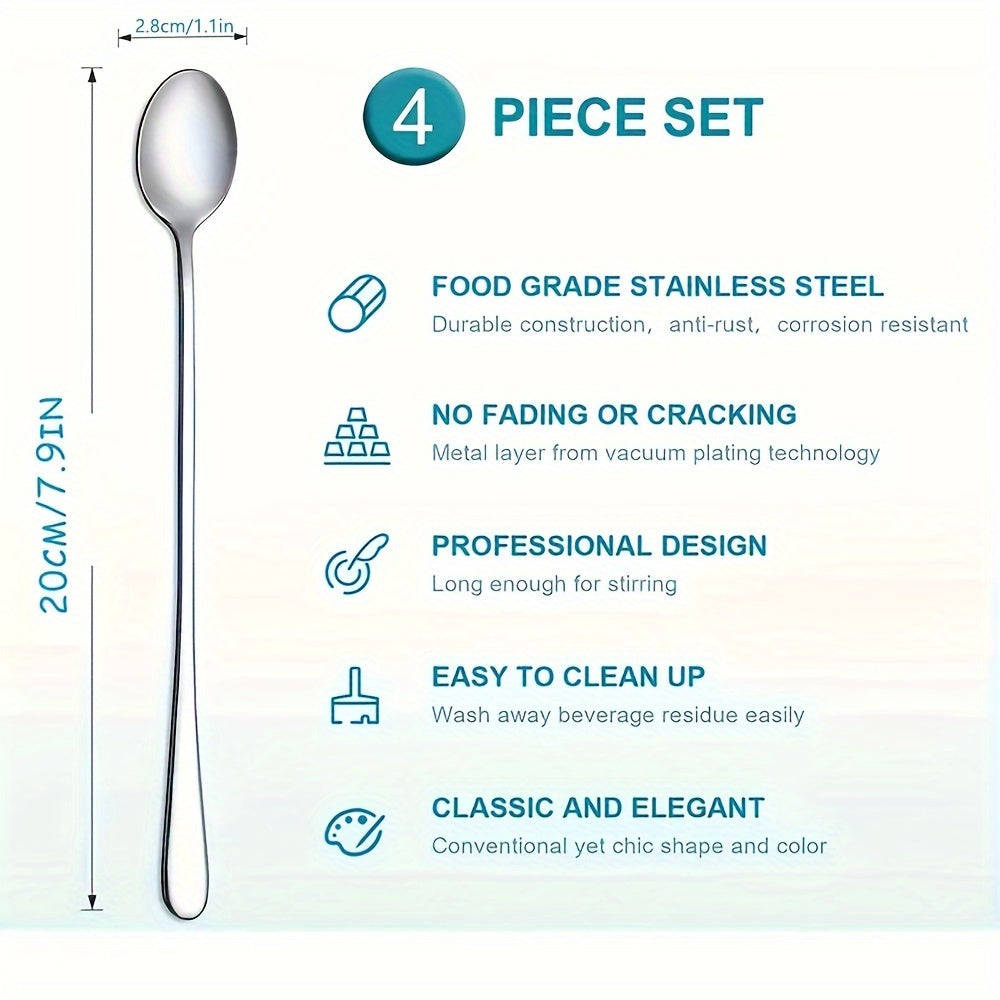 Stainless steel spoons for various uses: long handle iced tea, coffee, ice cream, and cocktail stirring.