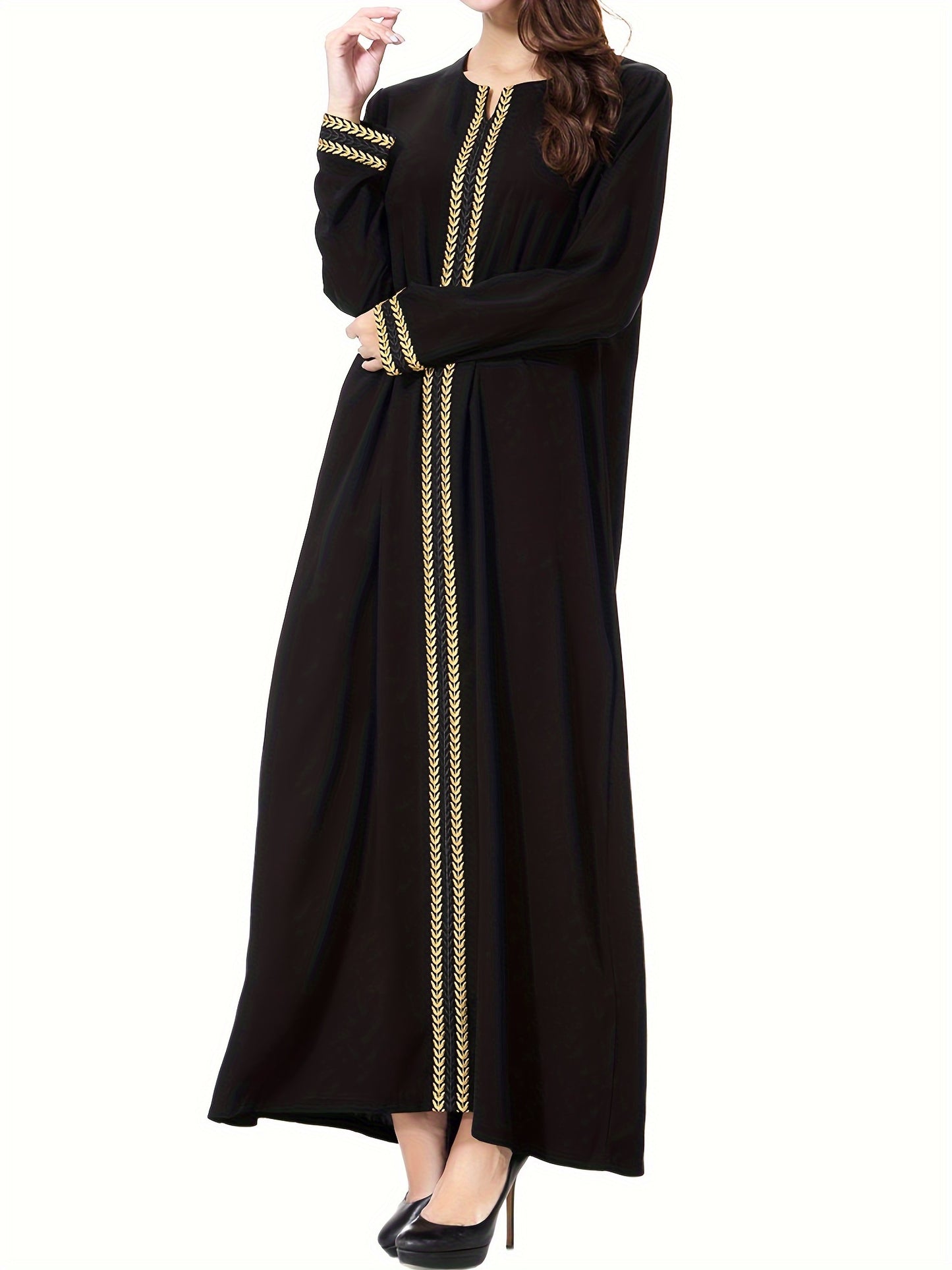 Ramadan Modest Dress with Golden Trim and Long Sleeves