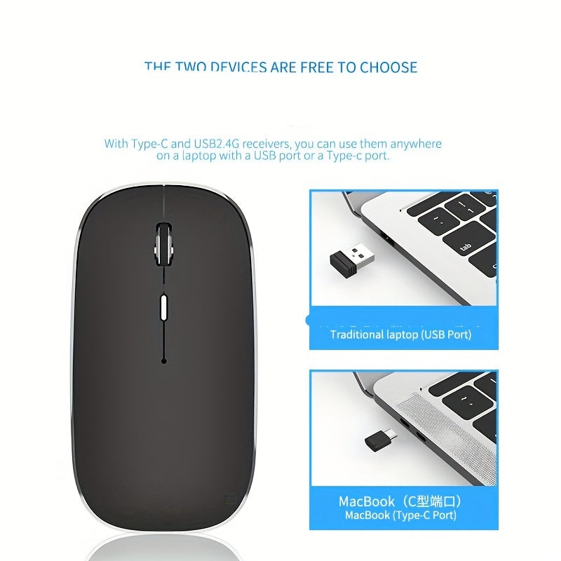 1pc Type-C Rechargeable Wireless Mouse with 2.4G Dual Receiver, Silent Operation, Durable Plastic Build, Long-Lasting Battery - Compatible with Multiple Devices