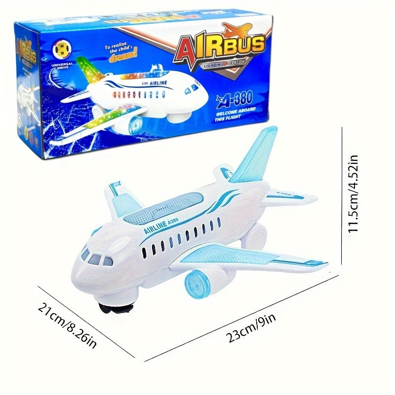 Safe plastic interactive electric airplane toy with LED lights and sounds, battery operated for educational play for children ages 3 and up. This white toy is the perfect gift for preschoolers.