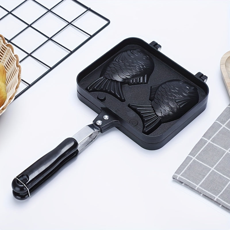 1 piece of a Double Fish Shaped Non-stick Pan made of aluminum for baking fish-shaped desserts, waffles, cakes, Japanese pancakes, and roasting in the kitchen.