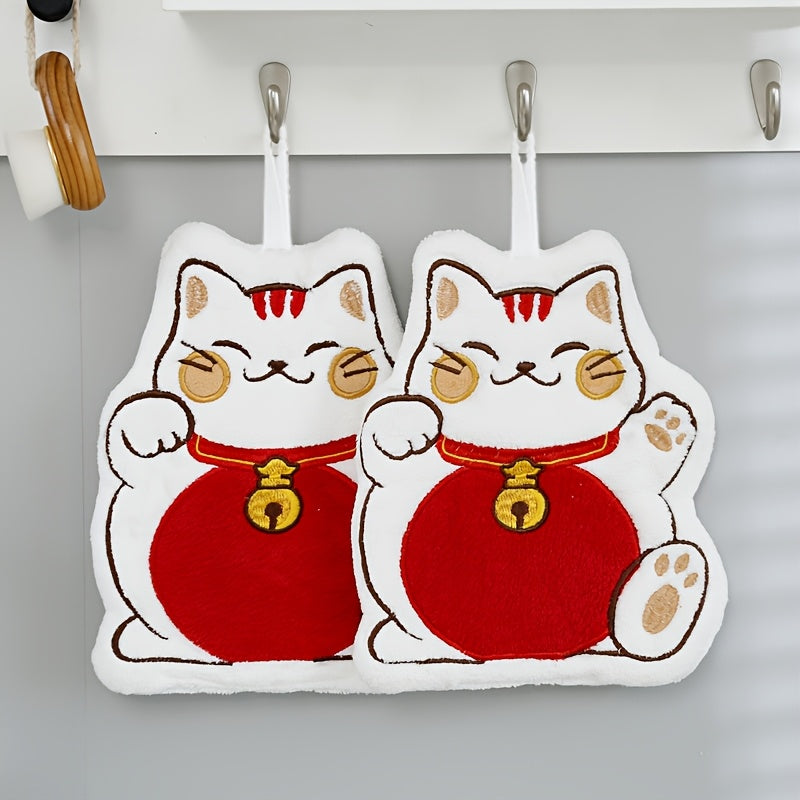 Cute Fortune Cat fingertip towel made of plush coral velvet, ideal for daily use in kitchen or bathroom, with hanging design.