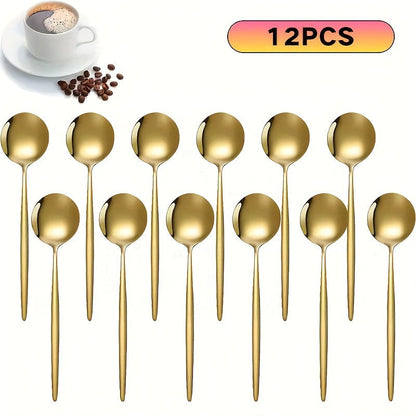 Get a set of 6/12 Gold-Tone Stainless Steel Dessert Spoons, ideal for use with coffee, tea, and other beverages. They are dishwasher safe, making them convenient for use in both home kitchens and restaurants. Perfect for special occasions such as