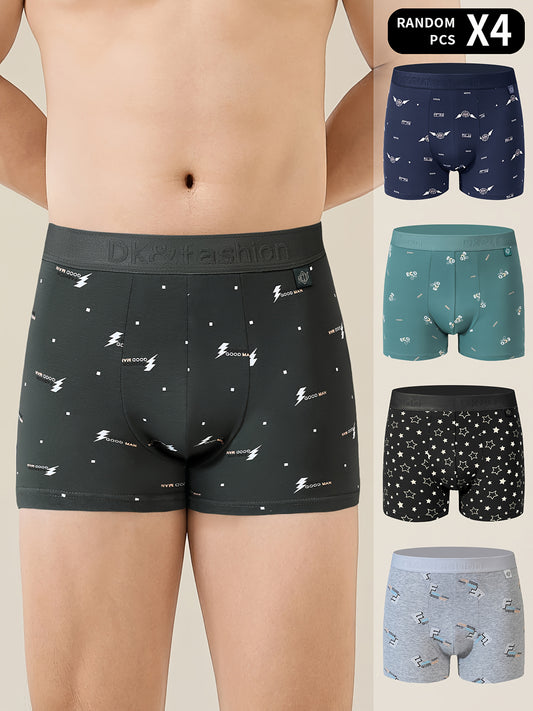 Men's 4-pack geometric boxer shorts made of 95% cotton and 5% spandex with breathable knit fabric and medium stretch. Casual sports underwear weighing 150gsm.