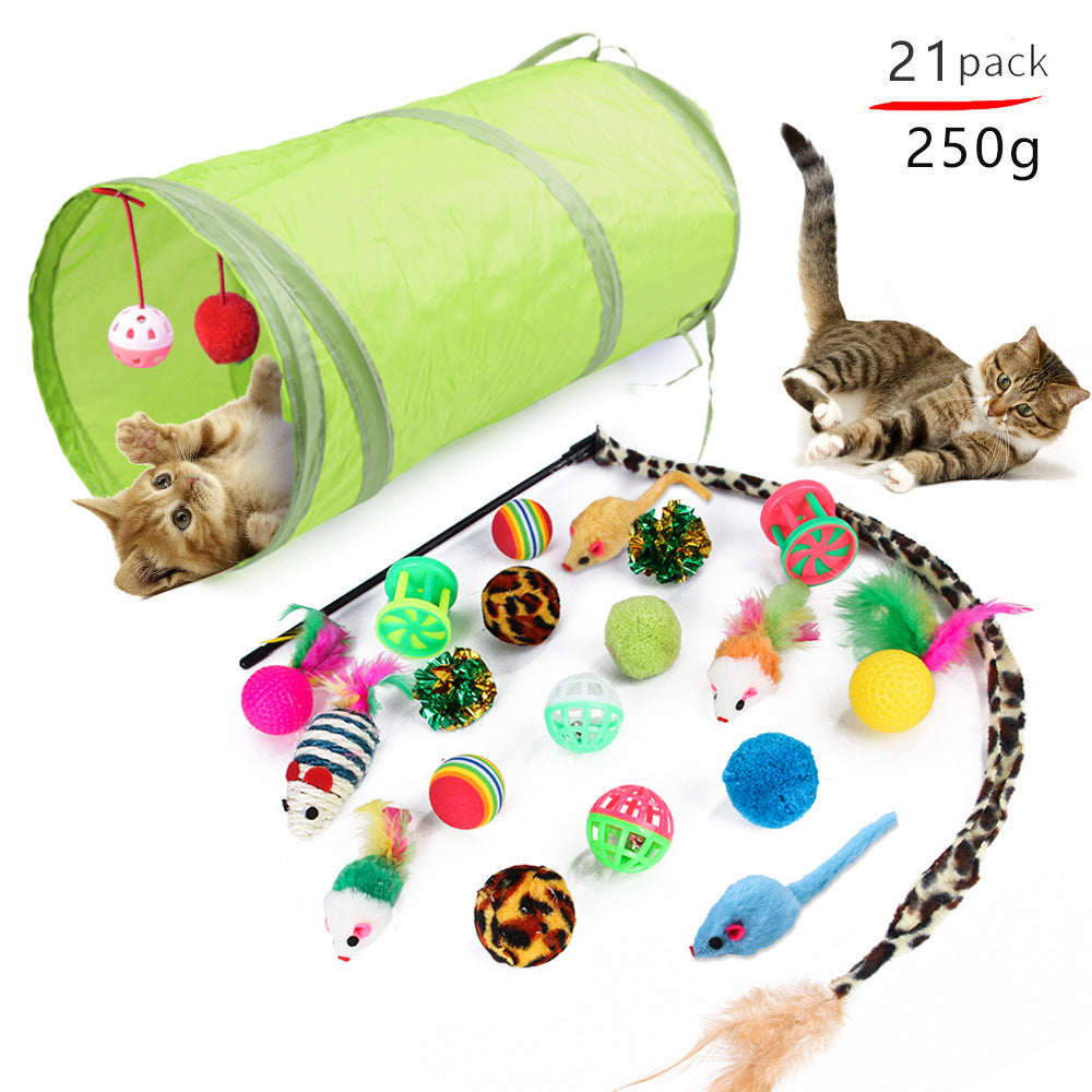 Myuilor Cat Toys Kitten Set includes Interactive Collapsible 3 Way Cat Tunnels and Cat Feather Toy, made of Polyester and does not require batteries.